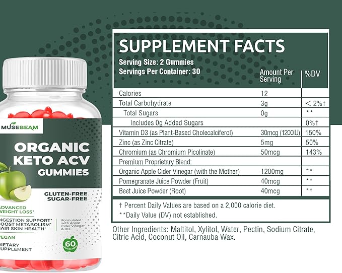 Organic Keto ACV Gummies Advanced Weight Loss - Gluten & Sugar Free Belly Fat Burner Apple Cider Vinegar Diet Supplement for Women Men (1000MG)