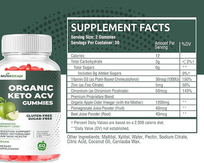 Organic Keto ACV Gummies Advanced Weight Loss - Gluten & Sugar Free Belly Fat Burner Apple Cider Vinegar Diet Supplement for Women Men (1000MG)