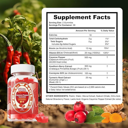 Cayenne Pepper Extract Gummies with Hawthorn, CoQ10, Turmeric, Niacin and Vitamin D3 - Support for Cardiovascular Health, Energy and Vitality - Vegan & Non-GMO - 60 Gummies