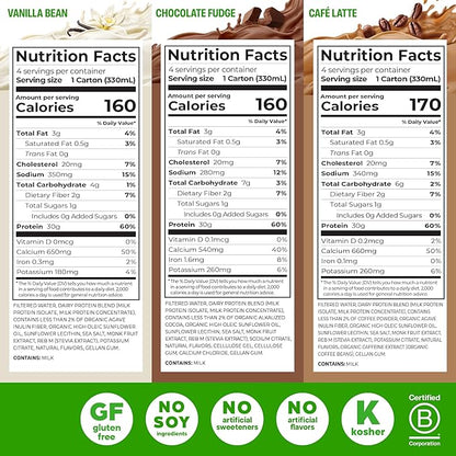 Orgain 30g High Protein Shake Variety Pack, Dairy Isolate Milk Protein, 5g BCAAs, 1g Sugar Per Serving, Caffeine, Meal Replacement, Ready to Drink, Chocolate, Vanilla, Café Latte, 11 Fl Oz (12 Pack)