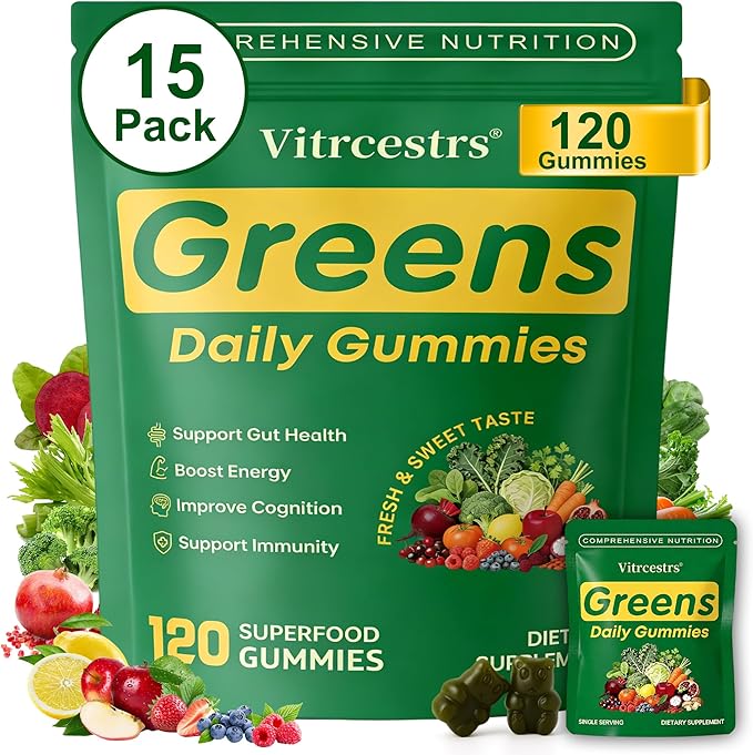 Greens Daily Gummies, Super Greens Gummies for Adults Superfood Multivitamin Gummy with Spirulina, Chlorella, Prebiotic Fiber, Fruit Veggie for Digestive & Gut Health, Adaptogens Supplement, 120 Count