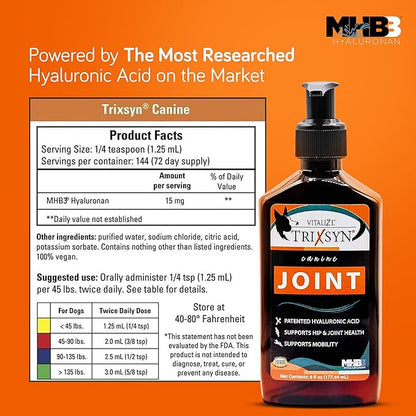 TRIXSYN Canine - Dog Hip and Joint Supplement - Liquid Hyaluronic Acid HA for Dog - Patented Liquid Formula for Senior Dogs - MHB3 Hylauronan - 6 fl oz