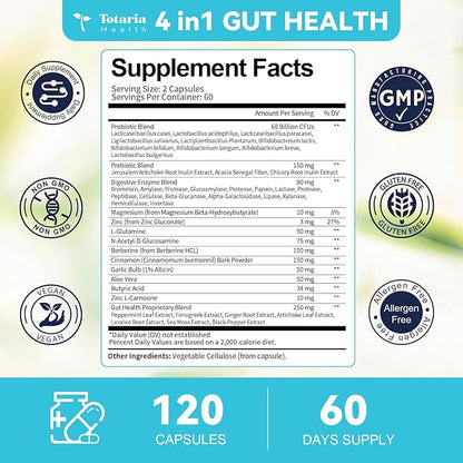 Totaria 14-in-1 Gut Health Supplement with Probiotics, Prebiotics, Postbiotics & Digestive Enzymes for Women & Men, 60 Billion CFU Probiotics for Gut and Digestion, Strong Immunity, Skin (2 Pack)