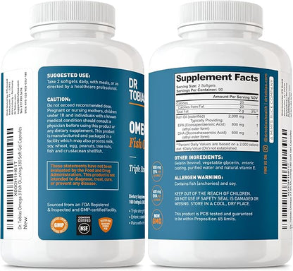 Dr. Tobias Omega 3 Fish Oil 2000mg Triple Strength with 800mg EPA 600mg DHA Per Serving | Fish Oil Omega 3 Supplements for Heart Brain & Immune Support - 180 Softgels (90 Servings)