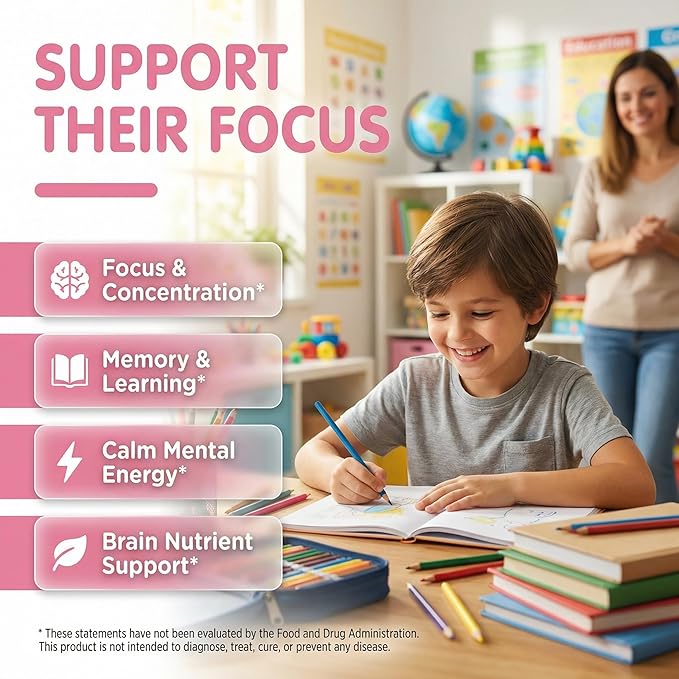 Clean Nutra Kids Focus Gummies with L-Theanine, Ginkgo Biloba, Omega-3 Fish Oil, L-Tyrosine, Vitamin B6, B12 – 60 Count, Clean Label, Non-GMO, Vegan-Friendly SmartyPop Formula for Kids Support