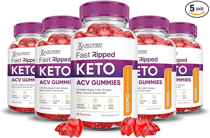 Justified Laboratories (5 Pack Fast Ripped Keto ACV Gummies Advanced Formula 1000MG Fast Ripped Formulated with Pomegranate Beet Juice Powder B12 Vegan Non GMO 300 Gummys