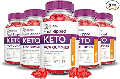 Justified Laboratories (5 Pack Fast Ripped Keto ACV Gummies Advanced Formula 1000MG Fast Ripped Formulated with Pomegranate Beet Juice Powder B12 Vegan Non GMO 300 Gummys