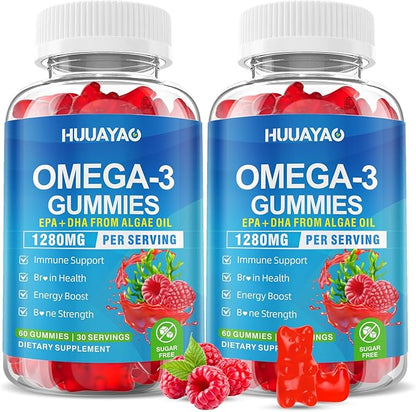 Vegan Omega-3 Gummies 1028mg, Omega 3 Fish Oil Alternative for Adults w/EPA 400mg & DHA 600mg & Vitamin A, C, E Supports Brain, Eye & Immune Health, Sugar Free, Raspberry Flavor, 120 Count