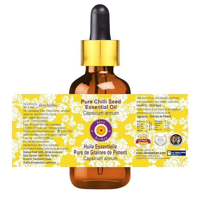dève herbes Chilli Seed Essential Oil (Capsicum annum) with Glass Dropper | Pure | Non-Sticky | Non-Greasy | Lightweight | Men & Women | All Skin Types | Steam Distilled 50ml (1.69 oz)