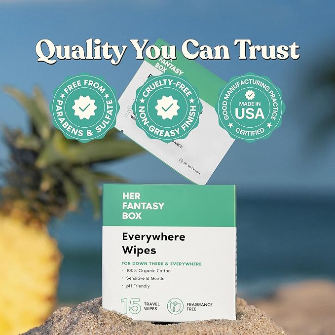 Her Fantasy Box | Everywhere Wipes – 100% Organic Cotton, Gentle & Refreshing, pH-Balanced, Fragrance-Free, Plant-Powered for Body, Face & Intimate Areas, Ideal for Sensitive Skin - 1 Pack, 15 Wipes