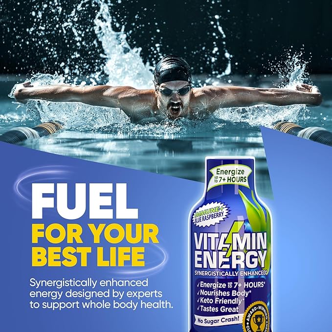 Vitamin Energy Immune+ Extra Strength Energy Shot Blue Raspberry 12 Pack, 260mg Natural Caffeine, B-Vitamins, Citicoline, Green Tea, Immunity & Focus Support, Zero Sugar, Gluten-Free 1.93 fl oz