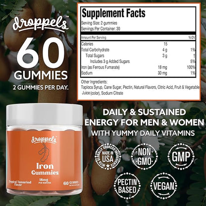 Droppels Iron Gummies 18mg for Women and Men – Vegan Plant-Based Iron Supplement | Supports Energy & Blood Health | Pectin-Based, Non-GMO, Gluten & Gelatin Free | Tamarind Flavor, 60 Count