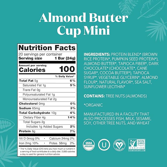 ALOHA Organic Plant Based Protein Bar MINIS | Almond Butter Cup | GLP-1 Friendly, 20 Count, 24g Bars | Vegan, Low Sugar, Gluten Free, Low Carb, Non-GMO, No Stevia, No Soy, No Sugar Alcohols
