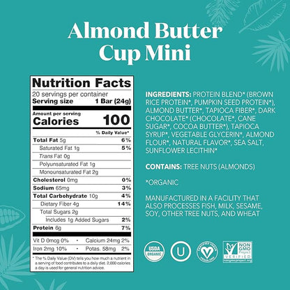 ALOHA Organic Plant Based Protein Bar MINIS | Almond Butter Cup | GLP-1 Friendly, 20 Count, 24g Bars | Vegan, Low Sugar, Gluten Free, Low Carb, Non-GMO, No Stevia, No Soy, No Sugar Alcohols