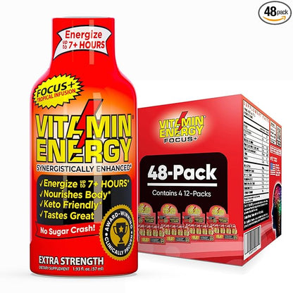 Vitamin Energy Focus+ Extra Strength Energy Shot Tropical Infusion 48 Pack, 260mg Natural Caffeine, B-Vitamins, CoQ10, Amino Acids, Focus, Productivity & Clarity, Zero Sugar, Gluten-Free, 1.93 fl oz