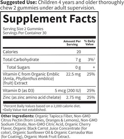 Garden of Life Kids Immune Support Gummies with Vitamin C, D as D3 & Zinc for 3-in-1 Daily Children’s Immunity – Organic, Non-GMO, Gluten-Free, Vegetarian, Sugar Free, Cherry Flavor, 30 Day Supply
