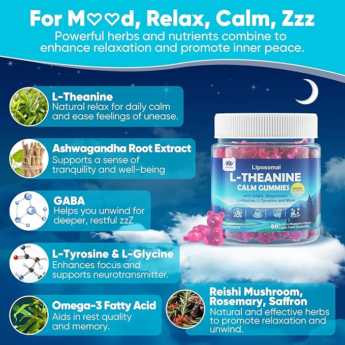 Liposomal L-Theanine Gummies 500mg, Melatonin-Free Calm & Relaxation Gummies with Magnesium Glycinate, 5-HTP, Mushroom, Vitamins D3, B12, Ashwagandha, for Brain Calm, Relax, Mood, Zzz, Vegan 60 Cts