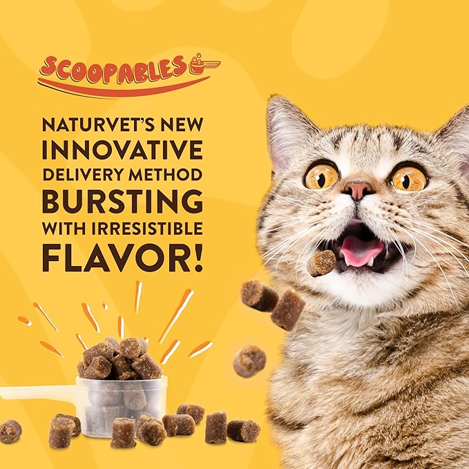 NaturVet Scoopables Quiet Moments Cat Calming Aid - Promotes Calm with Stressful Events Storms, Fireworks, Travel, Separation Anxiety - Cat Health Supplement w/Melatonin - Salmon Flavored | 5.5oz Bag