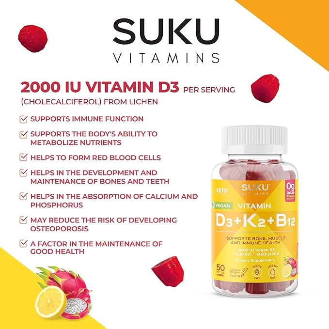 SUKU Vitamins Vegan D3 + K2 + B12 Sugar-Free & Sugar-Alcohol-Free Keto 2000IU Vitamin D Gummy Supplement for Healthy Bones, Immune Function, Healthy Metabolism, Lemon Dragon Fruit Flavor (50 Gummies)