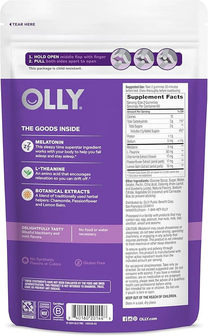 OLLY Sleep Gummy,3 mg Melatonin,L-Theanine,Chamomile,and Lemon Balm Extracts,BlackBerry Flavor,60 Day Supply -,120 Count (Pack of 2)