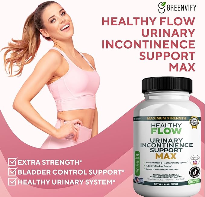 Healthy Flow Urinary Incontinence Support Max, 60 Veggie Capsules, Cranberry Juice Hibiscus Dandelion Formula, 30 Day Supply (3)