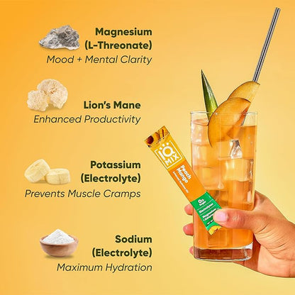IQMIX Hydration Electrolyte Powder – 4-in-1 Formula for Hydration, Mental Clarity, Mood and Recovery – Sugar-Free Drink Mix, Keto, Magnesium L-Threonate, Lion’s Mane – 20 Count Peach Mango