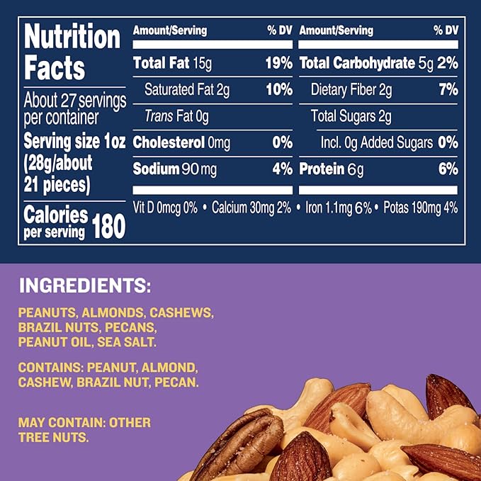 PLANTERS Mixed Nuts, Salted, 27 oz, Resealable Jar - Salted Nuts with Less than 50% Peanuts (*Nuts are Measured by Weight), Almonds, Cashews, Hazelnuts & Pecans - Kosher