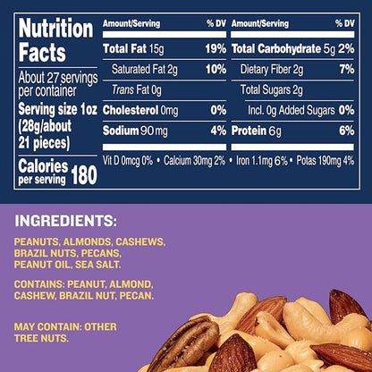 PLANTERS Mixed Nuts, Salted, 27 oz, Resealable Jar - Salted Nuts with Less than 50% Peanuts (*Nuts are Measured by Weight), Almonds, Cashews, Hazelnuts & Pecans - Kosher