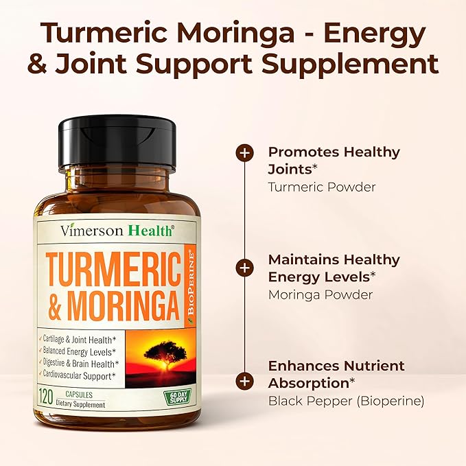 Moringa Turmeric Curcumin Supplement for Joint Health, Gut Health, Energy & Immune Support – Turmeric Curcumin with Black Pepper – Total Wellness Formula with Tumeric Moringa Pure Capsules – 120 Count