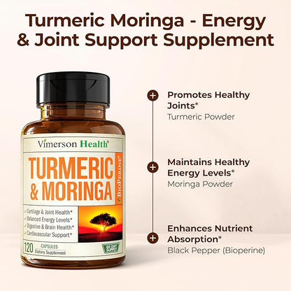 Moringa Turmeric Curcumin Supplement for Joint Health, Gut Health, Energy & Immune Support – Turmeric Curcumin with Black Pepper – Total Wellness Formula with Tumeric Moringa Pure Capsules – 120 Count