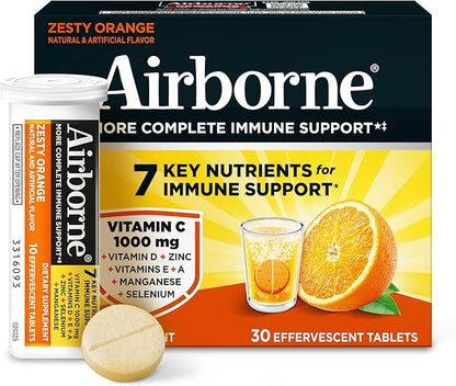 Airborne 1000mg Vitamin C with Vitamin D & Zinc, Sugar Free Multivitamin Immune Support Supplement, Antioxidants Vitamins A C & Vitamin E, 30 Effervescent Tablets, Zesty Orange Flavor