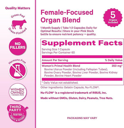 Pink Stork Beef Organ Supplement for Women | Grass-Fed Beef Liver Capsules with Iron, B12, CoQ10, Vitamin A | Primal Multivitamin for Female Hormone + Energy Support | 60 Capsules