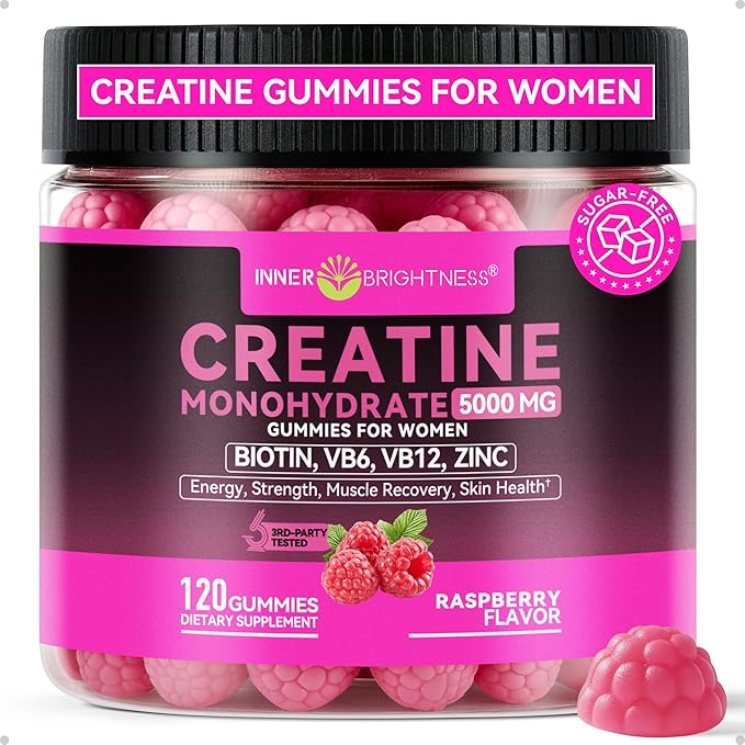 Inner Brightness Creatine Monohydrate Gummies for Women 5000mg - 6-in-1 with Biotin, Zinc, B6, B12 - Sugar-Free Raspberry Creatine Chewables for Muscle, Energy & Skin - 120 Count