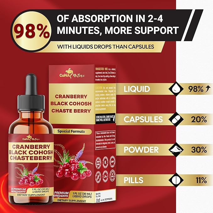 23in1 Cranberry Liquid Drops with, Vitamin D3, K2, C, E, Cranberry, Black Cohosh, Chasteberry, Wild Yam, D-Mannose, Probiotics, Maca & More to support health, Immunity - 30 Days Supply - 1FL Oz