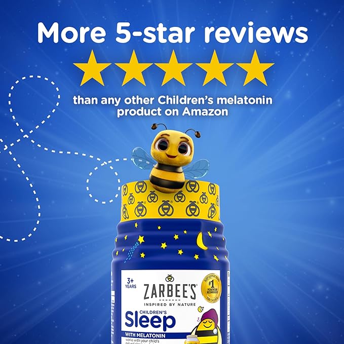 Zarbee's Kids Melatonin Gummies with 1mg Melatonin, Kids Sleep Gummy, Promotes Peaceful Sleep, Drug-Free, Non-Habit-Forming, Natural Strawberry, 60 ct