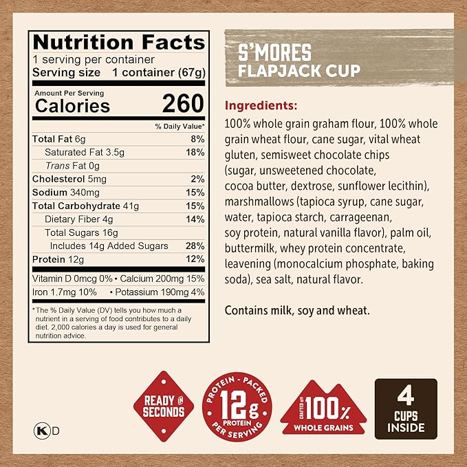 Kodiak Cakes Protein Pancake On The Go Flapjack Cups Mix; Buttermilk, Chocolate Chip, & S’mores Variety Pack