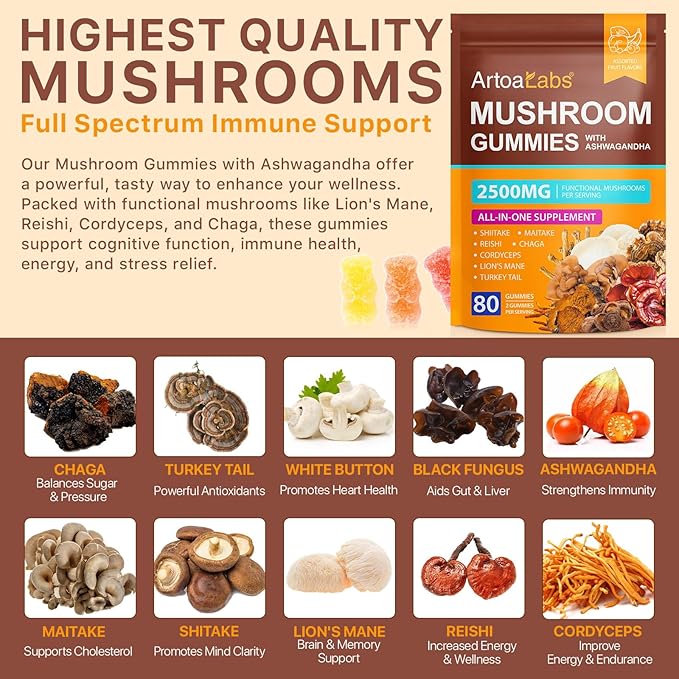 Mushroom Gummies with Ashwagandha 2500mg Lions Mane Mushroom Supplement Blend Organic Reishi, Cordyceps,Turkey Tail & More, Boosts Energy, Memory, Immune Defense- 80 Gummies