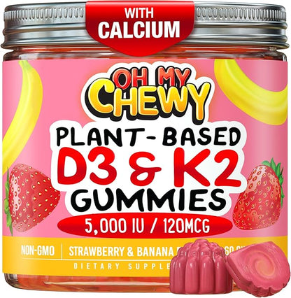 OH MY CHEWY Double-Flavored Vitamin D3 K2 & Calcium Fluffy Gummies - Supplement for Healthy Teeth, Bone & Energy - 5000 IU D3, 120 mcg K2(MK-7), 120 mg CA - Vegan & Non-GMO - 60 Count