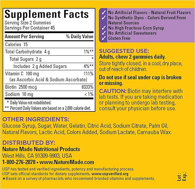 Nature Made Hair Skin and Nails with Biotin 2500 mcg, Dietary Supplement for Healthy Hair, Skin & Nails Support, 90 Gummies, 45 Day Supply