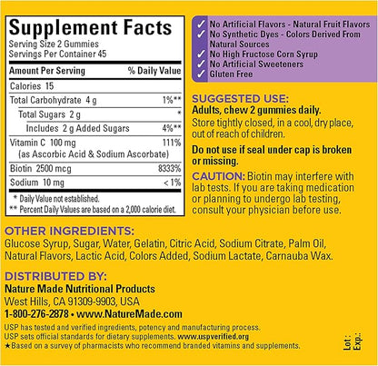Nature Made Hair Skin and Nails with Biotin 2500 mcg, Dietary Supplement for Healthy Hair, Skin & Nails Support, 90 Gummies, 45 Day Supply
