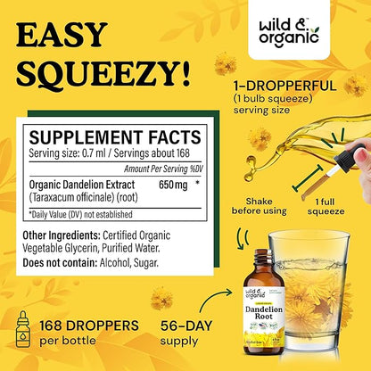 Wild & Organic Dandelion Root Extract Drops - Liver Cleanse Detox - Herbal Dandelion Tincture - Liver Support Supplement - Add to Tea - Vegan, Sugar & Alcohol-Free Liquid Drops - 4 fl oz