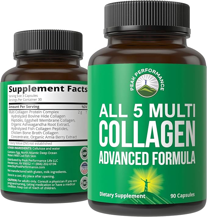 Peak Performance All 5 Multi-Collagen Capsules - 90 Pills of Grass Fed Peptides Protein - Supplement with All 5 Collagen Types I, II, III,V, X from Beef, Fish, Eggshell, and Chicken Bone Broth