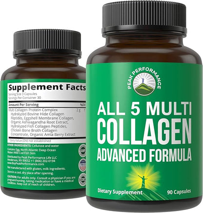 Peak Performance All 5 Multi-Collagen Capsules - 90 Pills of Grass Fed Peptides Protein - Supplement with All 5 Collagen Types I, II, III,V, X from Beef, Fish, Eggshell, and Chicken Bone Broth