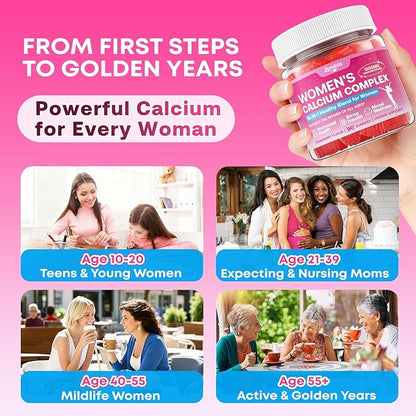 Calcium Gummies for Women, Calcium Citrate 1200mg with Vitamin D3 K2, Collagen & Biotin, B0ne, Teeth, Immune & Hormone Support, Sugar Free, Non-GMO, Gluten-Free, Strawberry Flavor, 90 Count