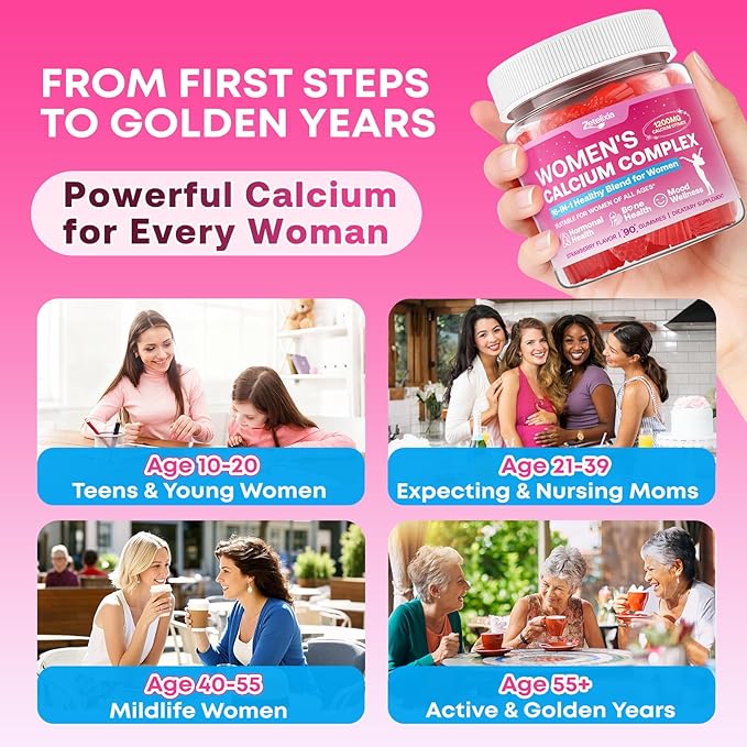 2 Pack Calcium Gummies for Women, Calcium Citrate 1200mg with Vitamin D3 K2, Collagen & Biotin, B0ne, Teeth, Immune & Hormone Support, Sugar Free, Non-GMO, Gluten-Free, Strawberry Flavor, 180 Count
