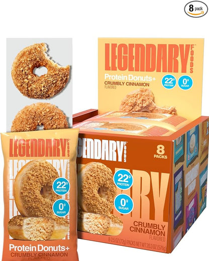 Legendary Foods Protein Donuts - 22g Protein, Crumbly Cinnamon, Zero Sugar Snack, Gluten Conscious, Low Carb, Keto Suitable, Diabetic and GLP-1 Diets - 8 Pack with Two Donuts per pack