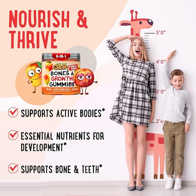 OH MY CHEWY Height Growth Vitamin Gummies for Kids & Teens - Growing Up and Bones Support for Supplement with Calcium, Zinc, Vitamin D3, K2, Spirulina and Astragalus – Peach & Mango 60 CT