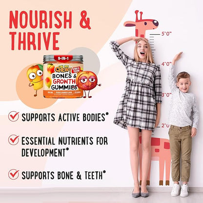 OH MY CHEWY Height Growth Vitamin Gummies for Kids & Teens - Growing Up and Bones Support for Supplement with Calcium, Zinc, Vitamin D3, K2, Spirulina and Astragalus – Peach & Mango 60 CT
