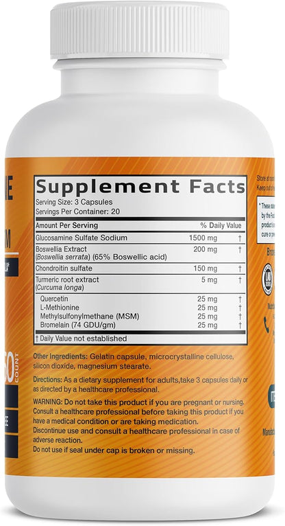 Bronson Glucosamine Chondroitin Turmeric & MSM Advanced Joint & Cartilage Formula, Supports Healthy Joints, Mobility & Cartilage - Non-GMO, 60 Capsules
