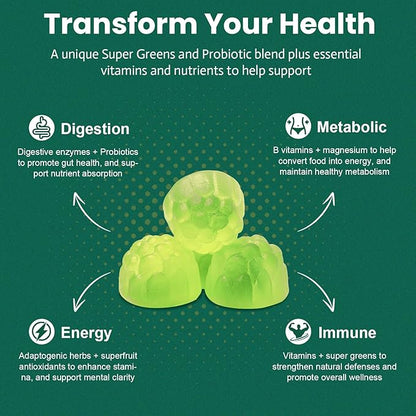 61-in-1 Supergreens Daily Gummies for Women and Men, Multivitamin Superfood Gummy with Probiotics for Metabolic, Energy, and Digestive Health, Sugar Free, Green Apple Flavor, 60 Count